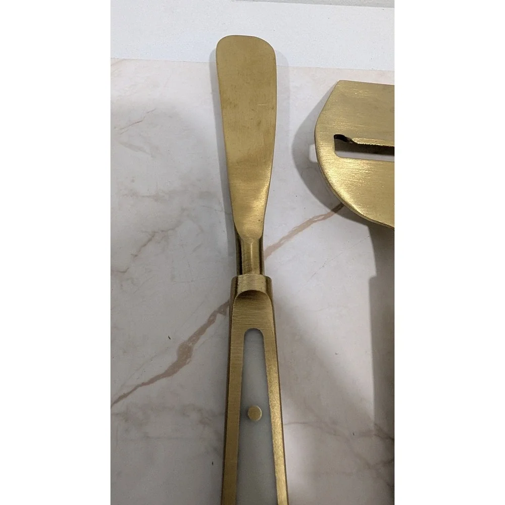 Anthropologie Gold Cheese Serving Set Spreader and Slicer White Inlay Handles
